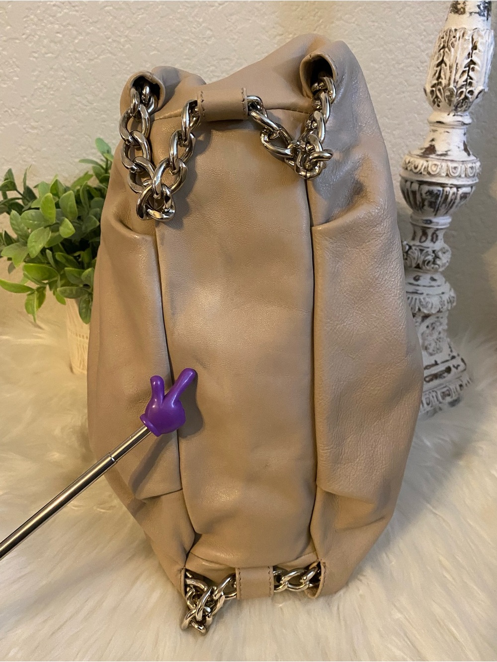 Furla Taupe Soft Leather Shoulder Hobo Bag w/ Chain Detail - Picture 7 of 14